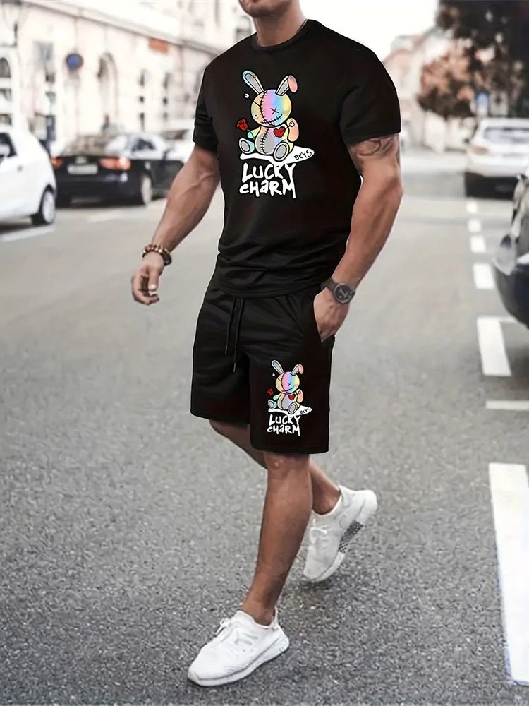 Men's Summer Daily Casual Short Sleeve Shorts Set Cartoon Bunny Doll and Lucky Charm Printed T - Shirt Shorts Set Home Pajamas Set - Lucien Store