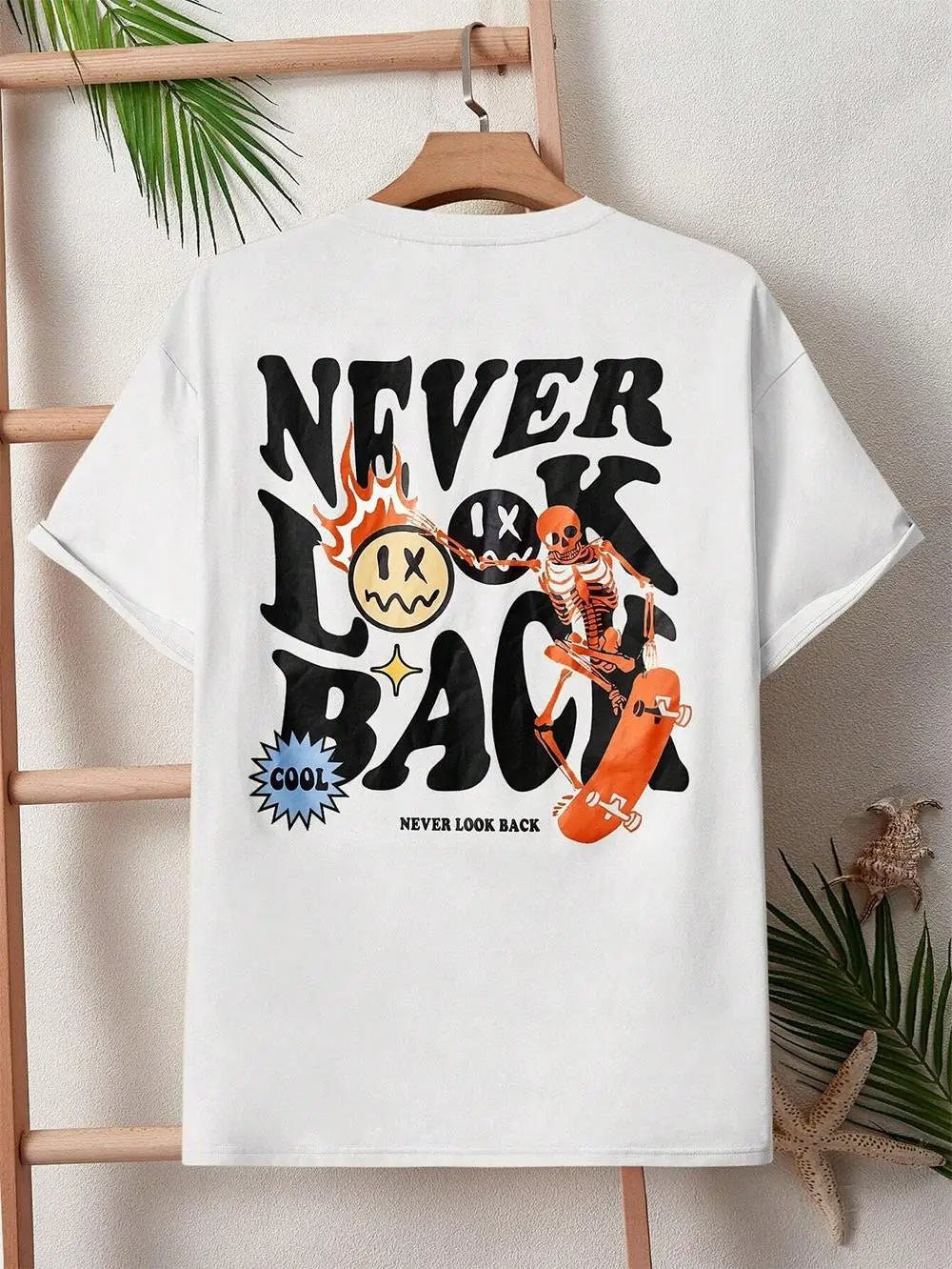 Never Look Back Creative Smile Skull Printing Cartoons Street Print Tshirt Man Loose Tee Clothes Cotton Crewneck Tops T - Shirt - Lucien Store