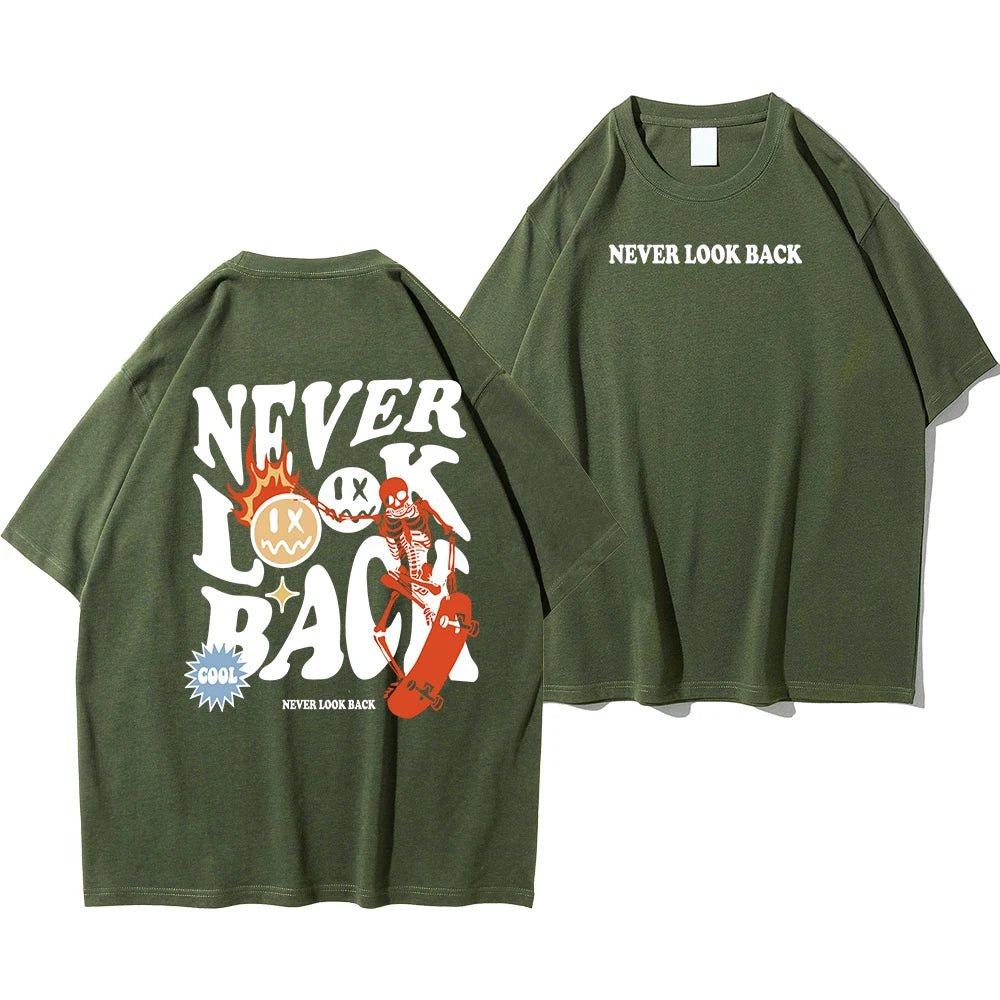 Never Look Back Creative Smile Skull Printing Cartoons Street Print Tshirt Man Loose Tee Clothes Cotton Crewneck Tops T - Shirt - Lucien Store