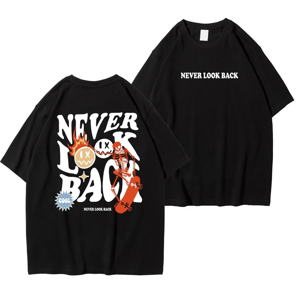 Never Look Back Creative Smile Skull Printing Cartoons Street Print Tshirt Man Loose Tee Clothes Cotton Crewneck Tops T - Shirt - Lucien Store