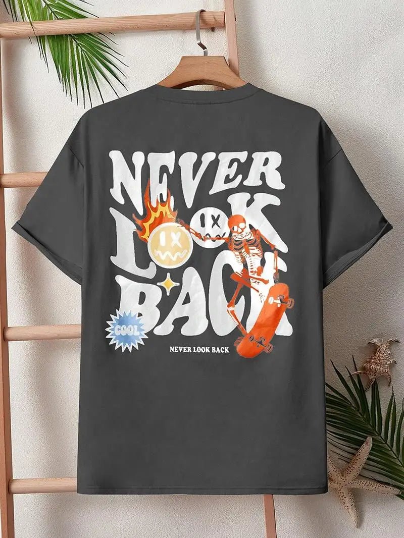 Never Look Back Creative Smile Skull Printing Cartoons Street Print Tshirt Man Loose Tee Clothes Cotton Crewneck Tops T - Shirt - Lucien Store