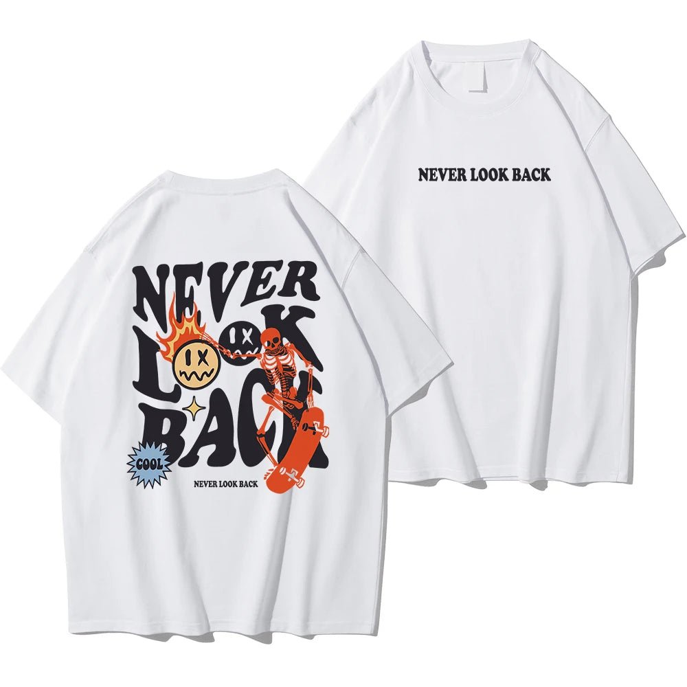 Never Look Back Creative Smile Skull Printing Cartoons Street Print Tshirt Man Loose Tee Clothes Cotton Crewneck Tops T - Shirt - Lucien Store