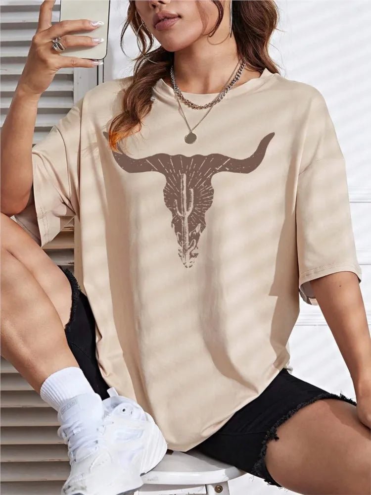 NEW Spring Cotton Womans T - Shirts Simple Cattle Printing Short Sleeve Tees Fashion Casual Female Clothes Comfortable Street Tops - Lucien Store
