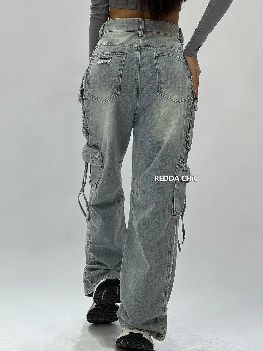 ReddaChic Big Pockets Destroyed Cargo Jeans for Women 90s Retro Hiphop Wide Leg Y2k Pants Boyfriend Baggy Jeans Casual Work Wear - Lucien Store