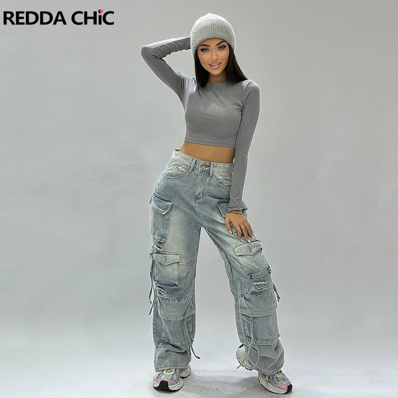 ReddaChic Big Pockets Destroyed Cargo Jeans for Women 90s Retro Hiphop Wide Leg Y2k Pants Boyfriend Baggy Jeans Casual Work Wear - Lucien Store
