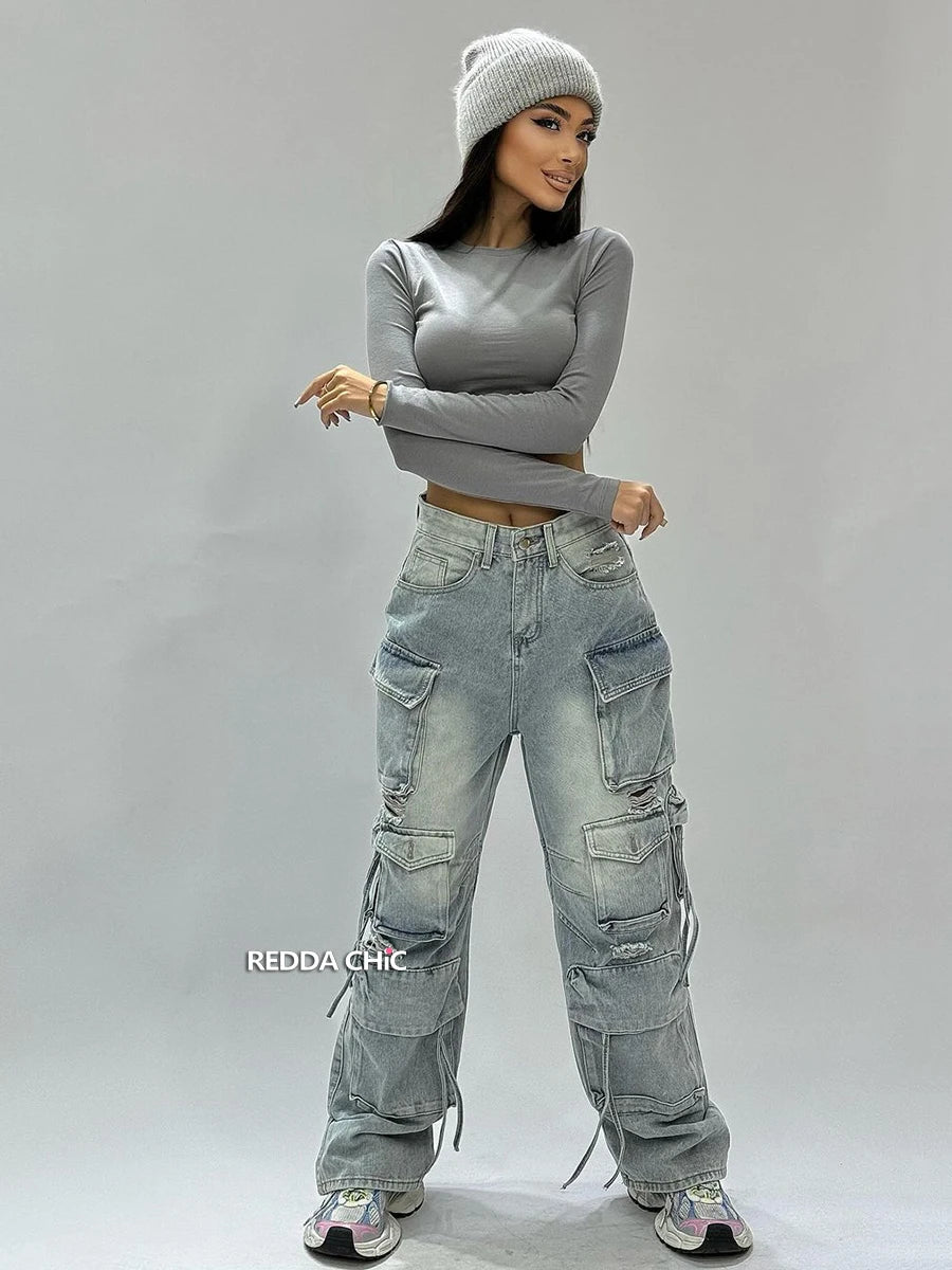 ReddaChic Big Pockets Destroyed Cargo Jeans for Women 90s Retro Hiphop Wide Leg Y2k Pants Boyfriend Baggy Jeans Casual Work Wear - Lucien Store