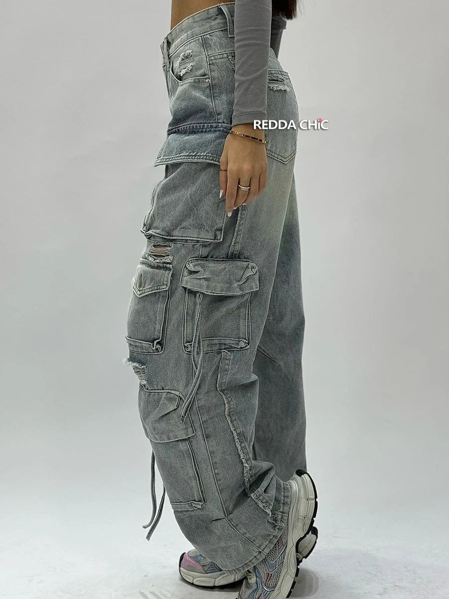ReddaChic Big Pockets Destroyed Cargo Jeans for Women 90s Retro Hiphop Wide Leg Y2k Pants Boyfriend Baggy Jeans Casual Work Wear - Lucien Store