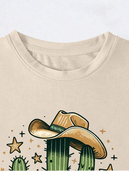 Retro Cute Western Cowboy With Hat Cactus And Stars Print T - shirt, Short Sleeve Crew Neck Casual Top For Summer & Spring - Lucien Store