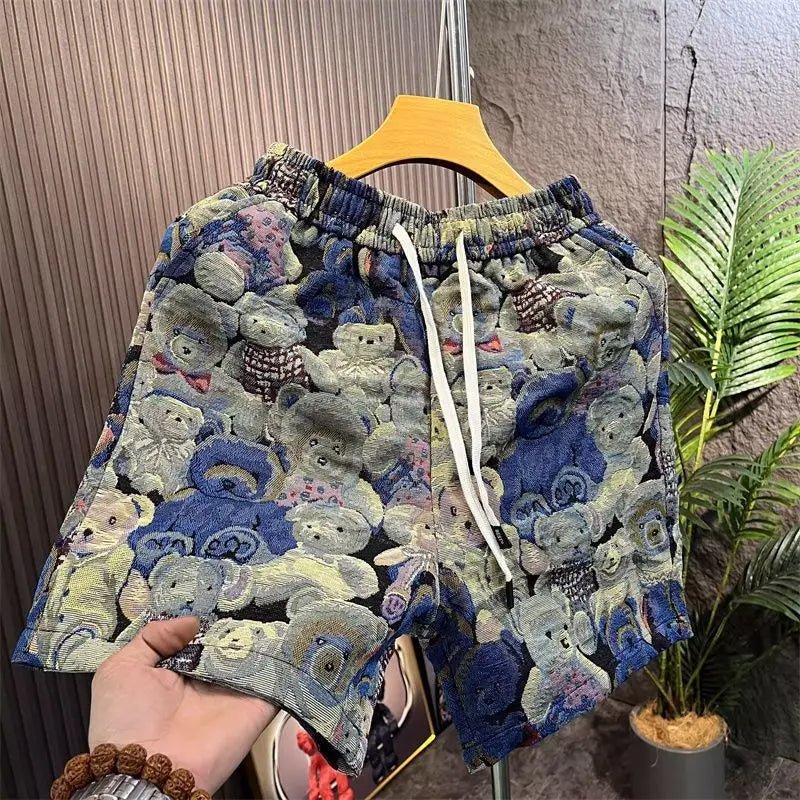 Summer Bear Pattern Shorts Men Korean Style Boardshorts Breathable Beach Baseball Shorts Fitness Sport Straight Short Pants Male - Lucien Store