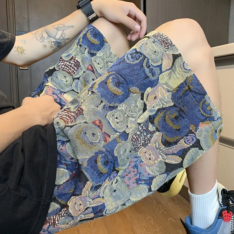Summer Bear Pattern Shorts Men Korean Style Boardshorts Breathable Beach Baseball Shorts Fitness Sport Straight Short Pants Male - Lucien Store