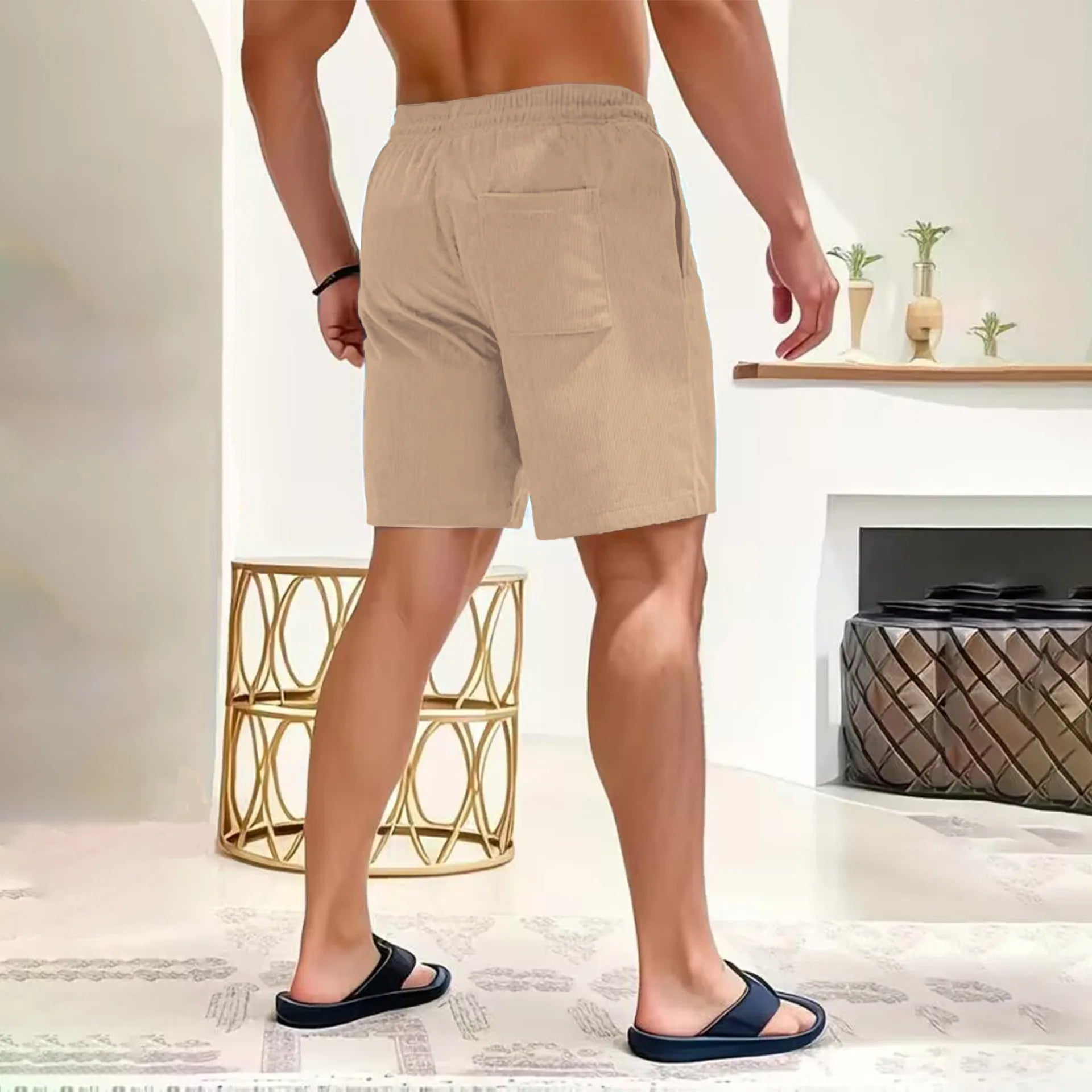 Summer new solid color lace - up sweatpants corduroy simple quarter shorts men's shorts casual pants - Lucien Store