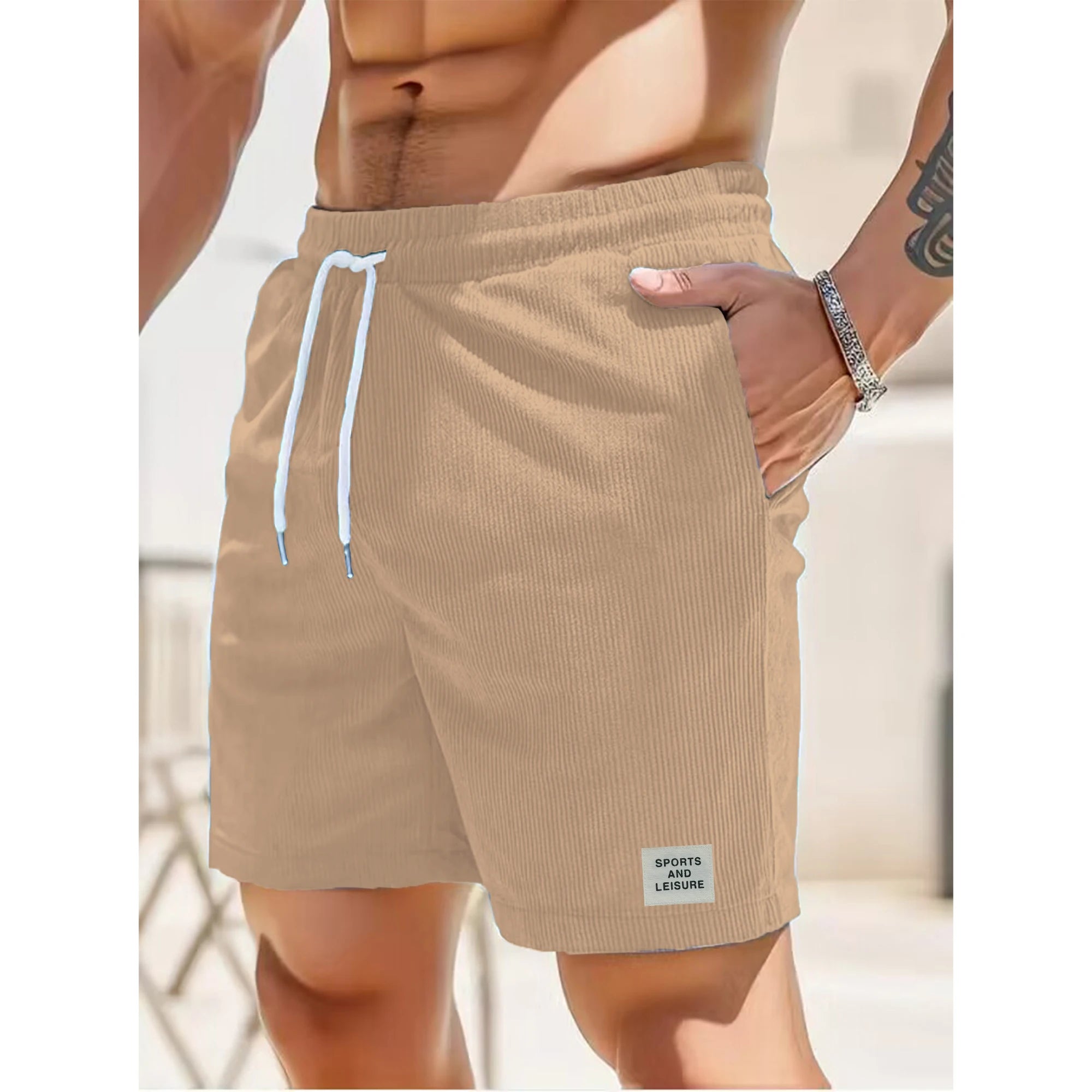 Summer new solid color lace - up sweatpants corduroy simple quarter shorts men's shorts casual pants - Lucien Store