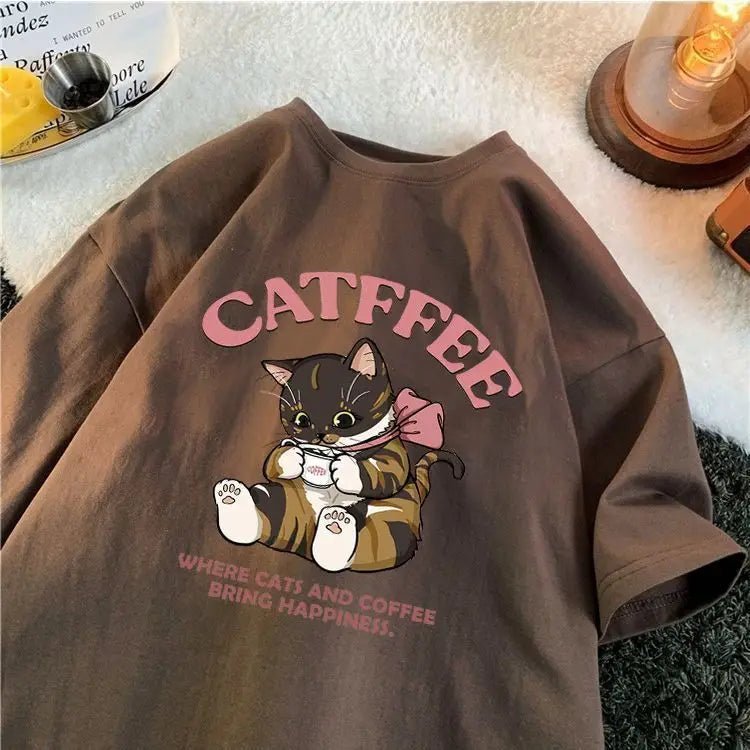 Summer Street Men and Women Trendy Personality Cat Print Round Neck Short Sleeve Couple Hip Hop Loose Casual T - shirt Top y2k - Lucien Store