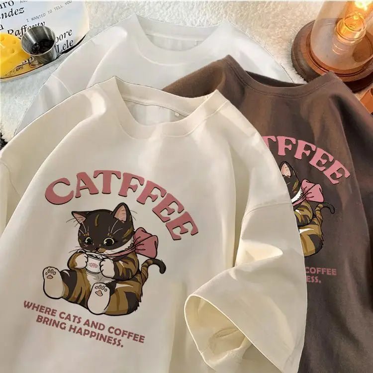 Summer Street Men and Women Trendy Personality Cat Print Round Neck Short Sleeve Couple Hip Hop Loose Casual T - shirt Top y2k - Lucien Store