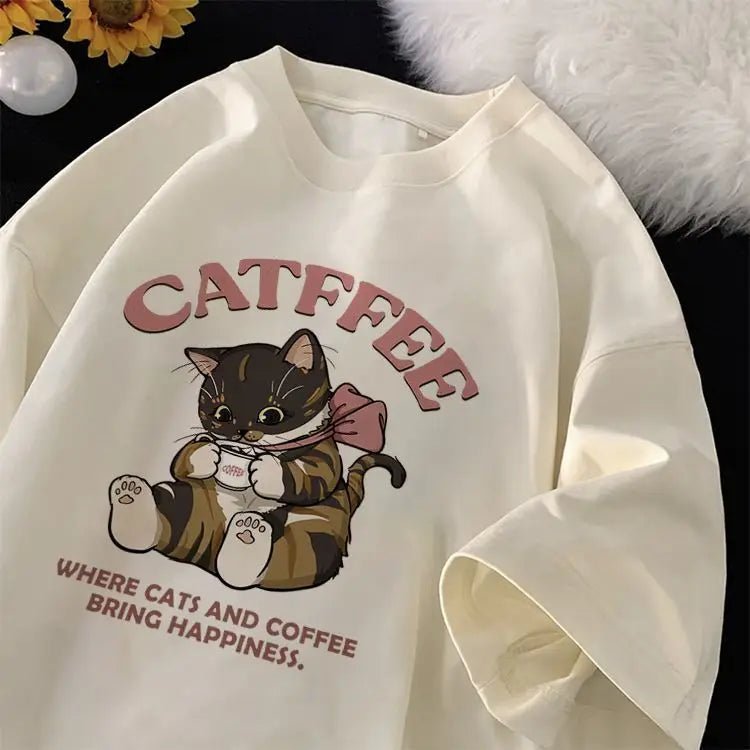 Summer Street Men and Women Trendy Personality Cat Print Round Neck Short Sleeve Couple Hip Hop Loose Casual T - shirt Top y2k - Lucien Store
