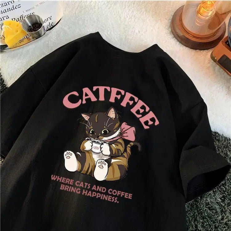 Summer Street Men and Women Trendy Personality Cat Print Round Neck Short Sleeve Couple Hip Hop Loose Casual T - shirt Top y2k - Lucien Store