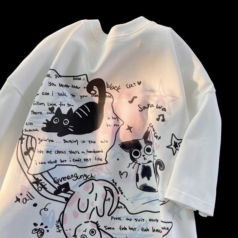 Summer street trend for men and women personalized kitten print round neck short sleeved couple hip - hop loose casual T - shirt top - Lucien Store