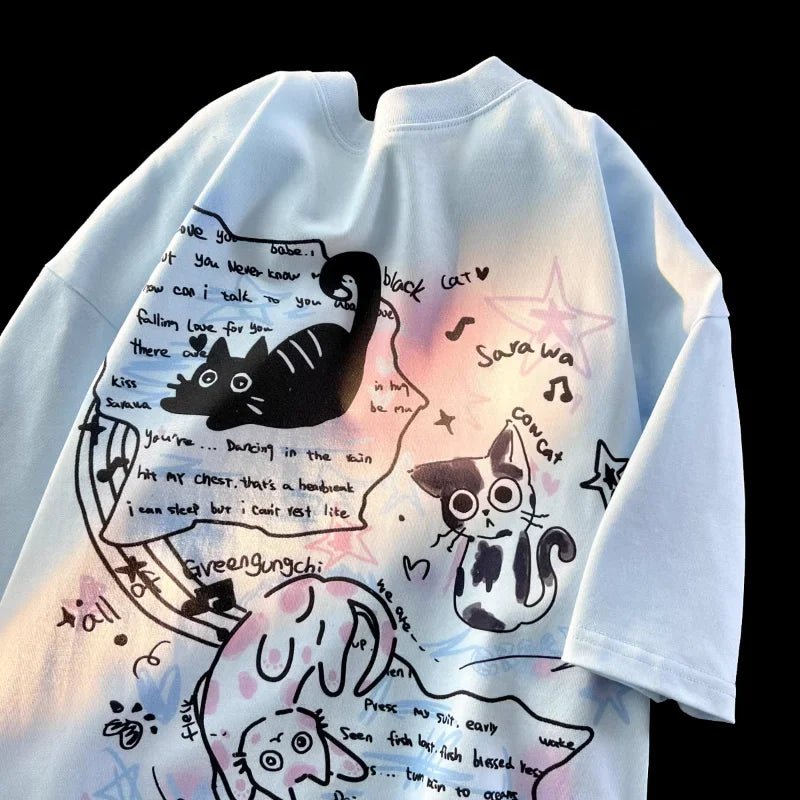 Summer street trend for men and women personalized kitten print round neck short sleeved couple hip - hop loose casual T - shirt top - Lucien Store