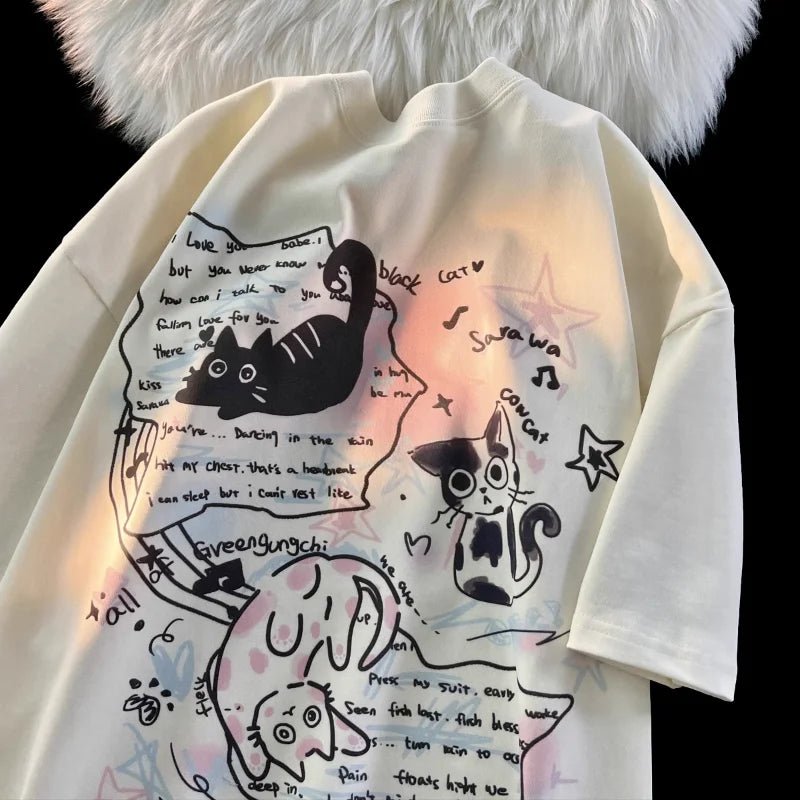 Summer street trend for men and women personalized kitten print round neck short sleeved couple hip - hop loose casual T - shirt top - Lucien Store