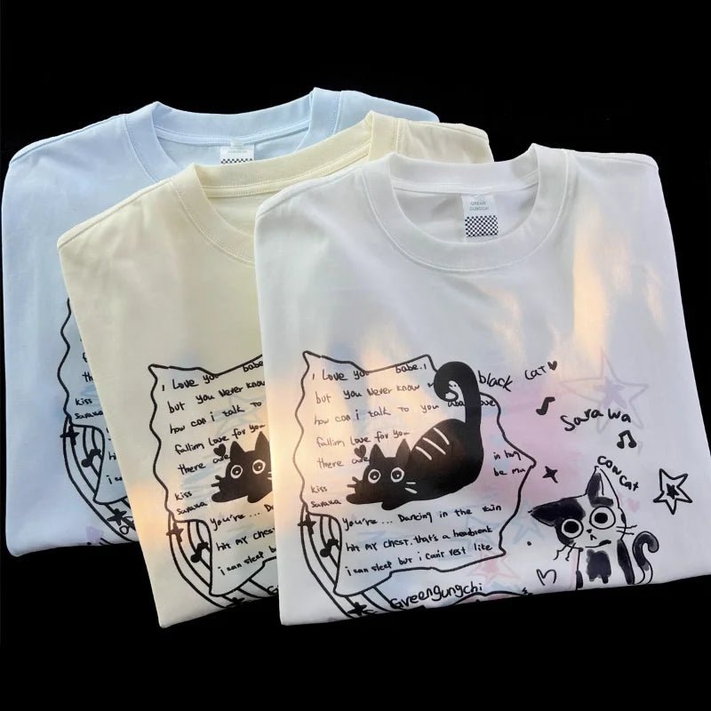Summer street trend for men and women personalized kitten print round neck short sleeved couple hip - hop loose casual T - shirt top - Lucien Store