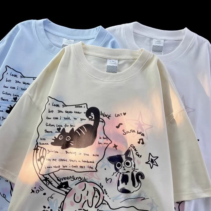 Summer street trend for men and women personalized kitten print round neck short sleeved couple hip - hop loose casual T - shirt top - Lucien Store