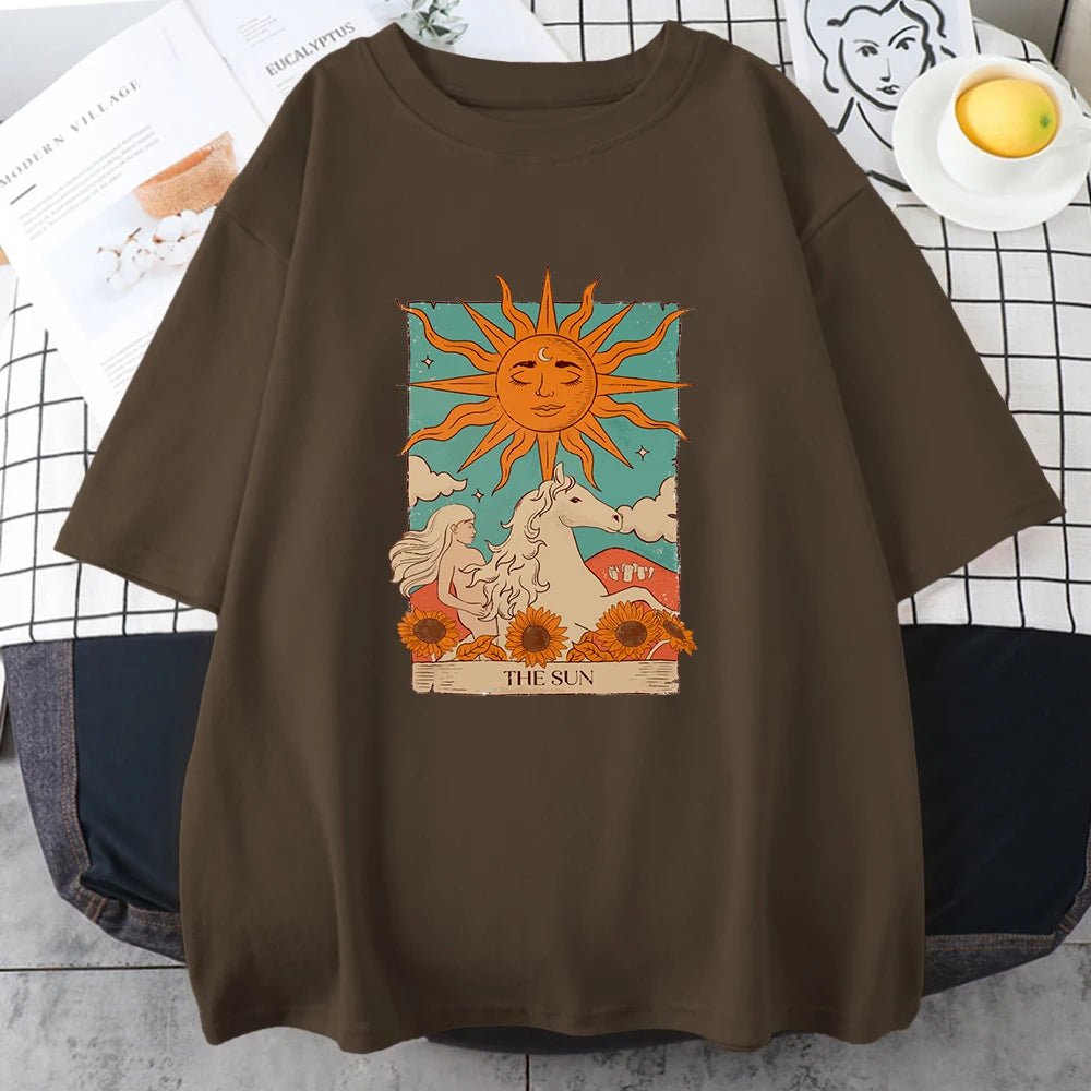 Tarot Card Art The Sun Male Cotton T Shirt High Street Vintage Clothing Breathable Casual O - Neck Short Sleeve Mens Cotton Tops - Lucien Store