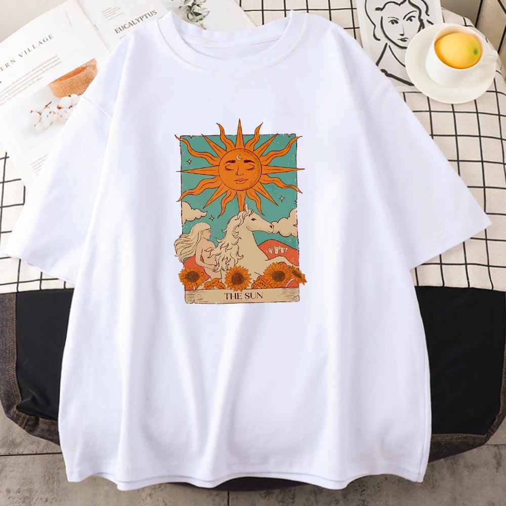 Tarot Card Art The Sun Male Cotton T Shirt High Street Vintage Clothing Breathable Casual O - Neck Short Sleeve Mens Cotton Tops - Lucien Store