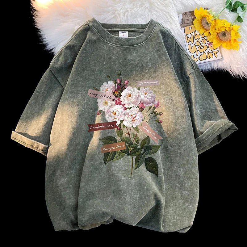 Vintage Flowers Graphic Print T - shirt Gothic Men Tshirts Washed Short Sleeved Man Tops Round Neck General Tee - Lucien Store