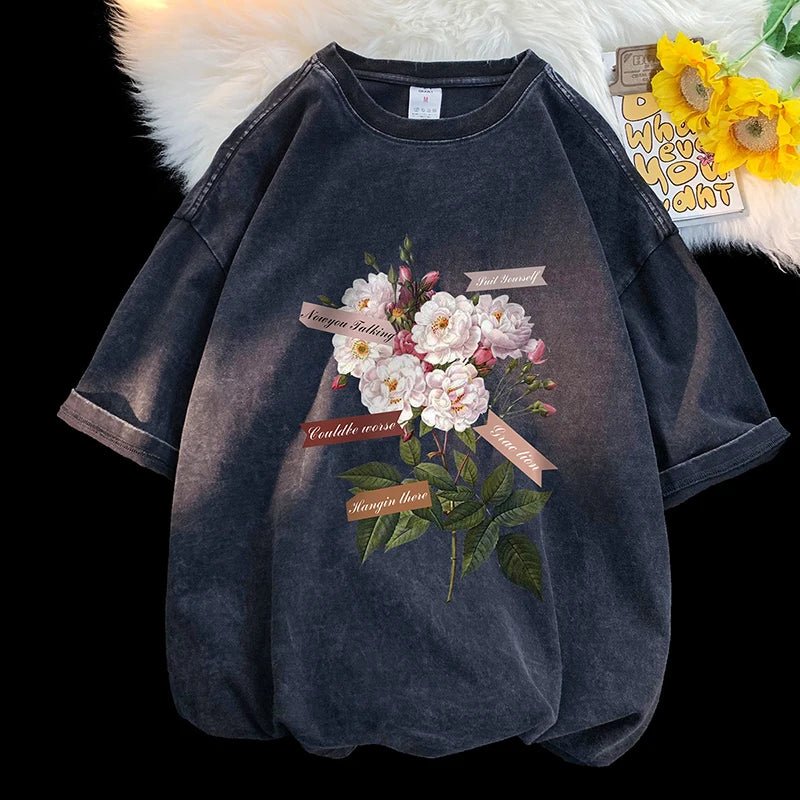 Vintage Flowers Graphic Print T - shirt Gothic Men Tshirts Washed Short Sleeved Man Tops Round Neck General Tee - Lucien Store