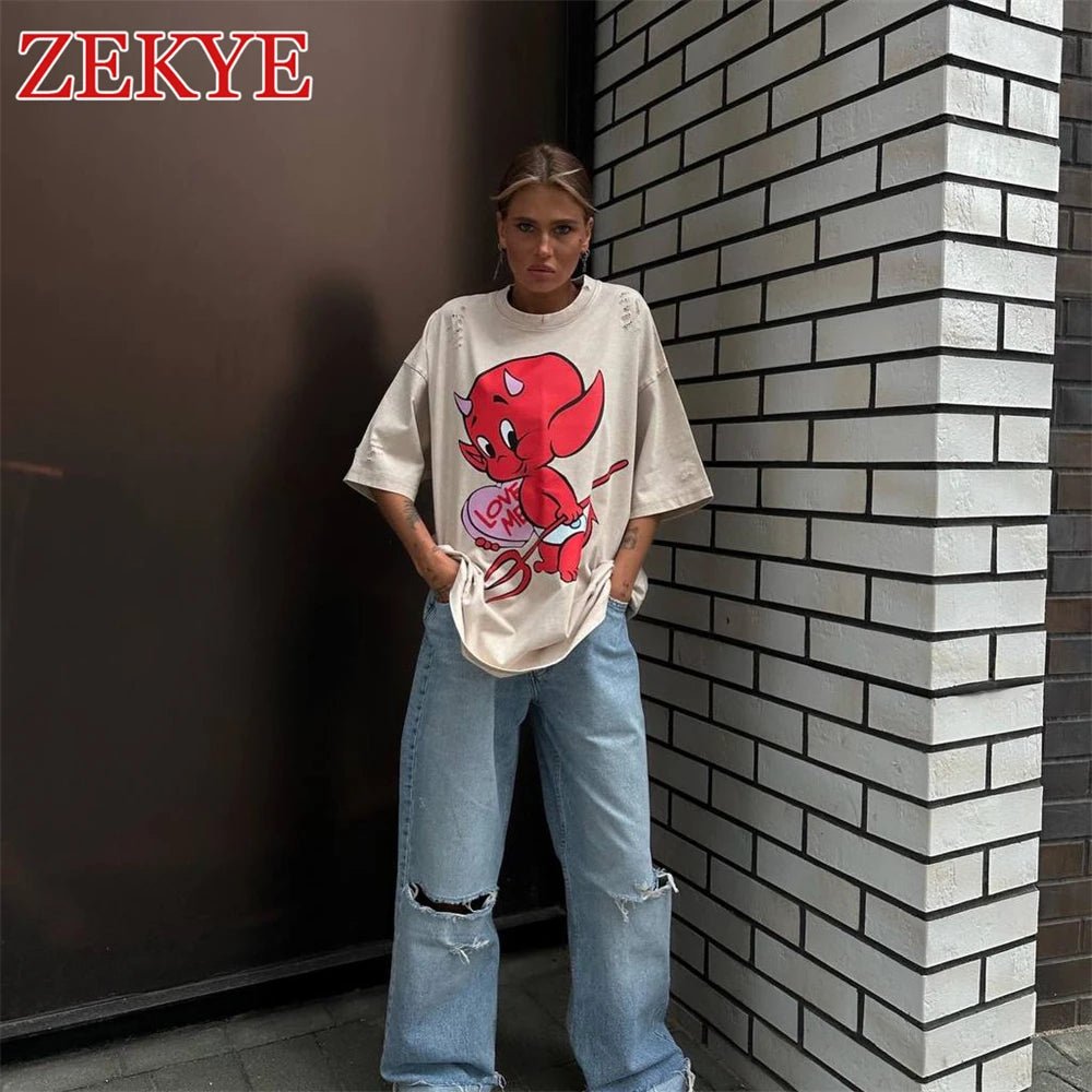 Zekye Demon Printed Retro Khaki Tshirt Oversized Ripped Distressed Fashion Basic Summer T Shirt Women Graphic Aesthetic Basic - Lucien Store