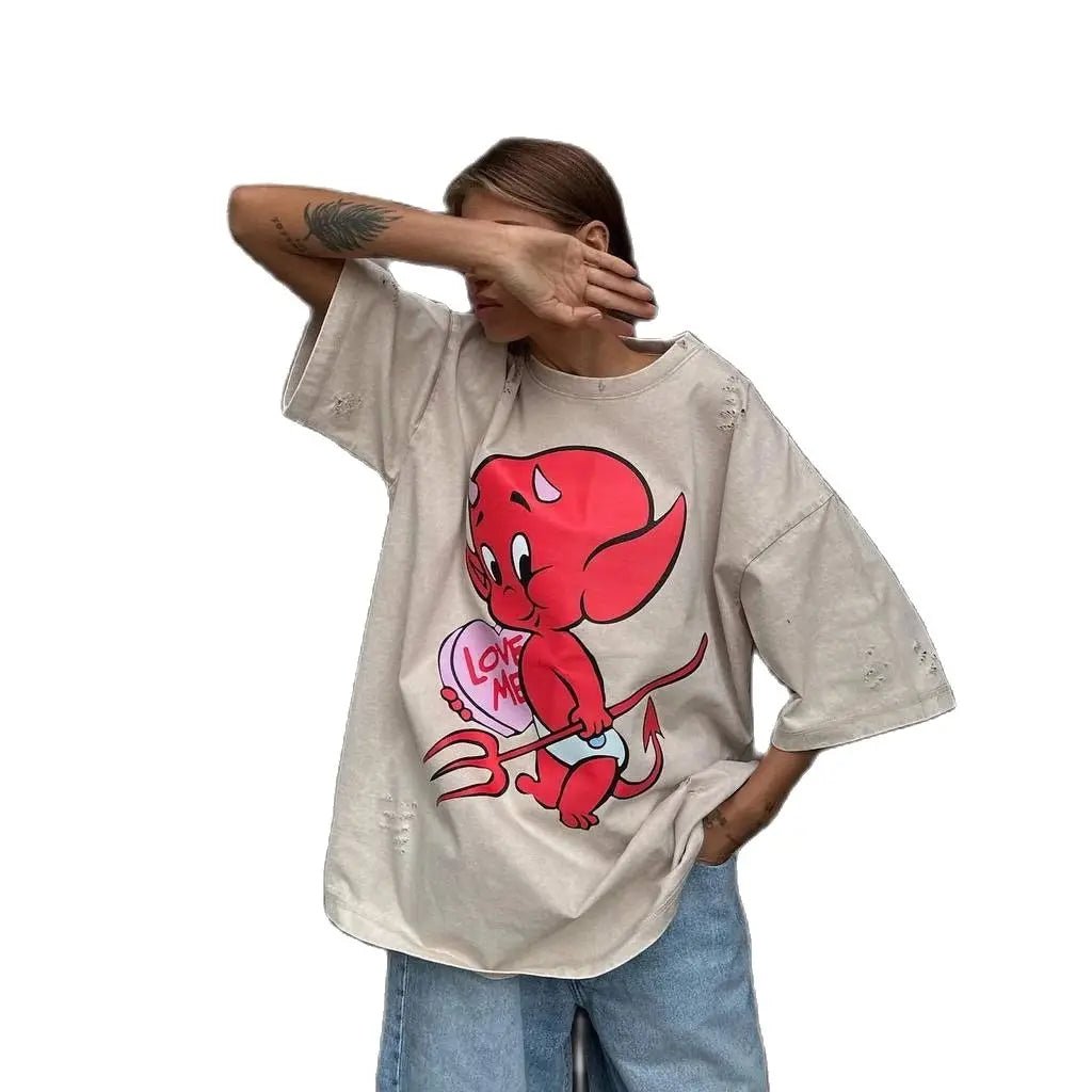 Zekye Demon Printed Retro Khaki Tshirt Oversized Ripped Distressed Fashion Basic Summer T Shirt Women Graphic Aesthetic Basic - Lucien Store