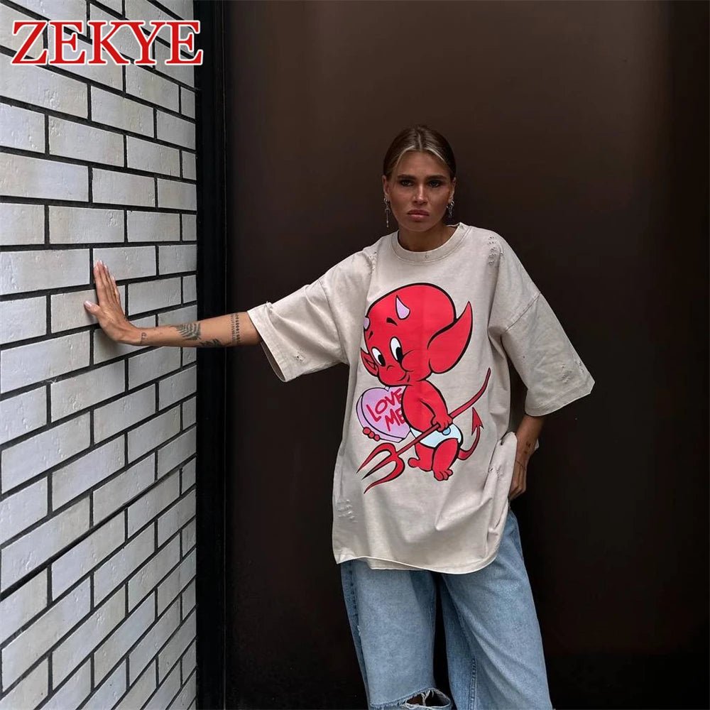 Zekye Demon Printed Retro Khaki Tshirt Oversized Ripped Distressed Fashion Basic Summer T Shirt Women Graphic Aesthetic Basic - Lucien Store