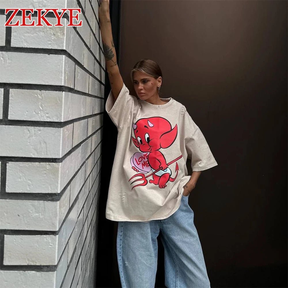 Zekye Demon Printed Retro Khaki Tshirt Oversized Ripped Distressed Fashion Basic Summer T Shirt Women Graphic Aesthetic Basic - Lucien Store
