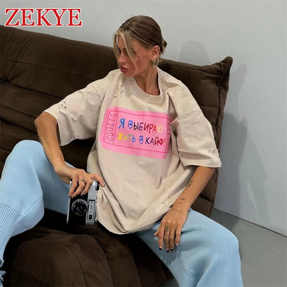 Zekye Hole Design Vintage Loose Streetwear T - shirts Retro Chic Basic Long Top Women Fashion Aesthetic Black Tee Women 90S Casual - Lucien Store