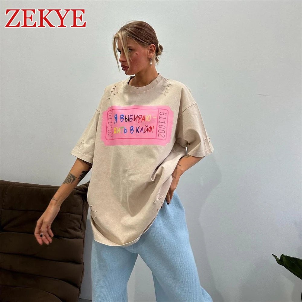 Zekye Hole Design Vintage Loose Streetwear T - shirts Retro Chic Basic Long Top Women Fashion Aesthetic Black Tee Women 90S Casual - Lucien Store