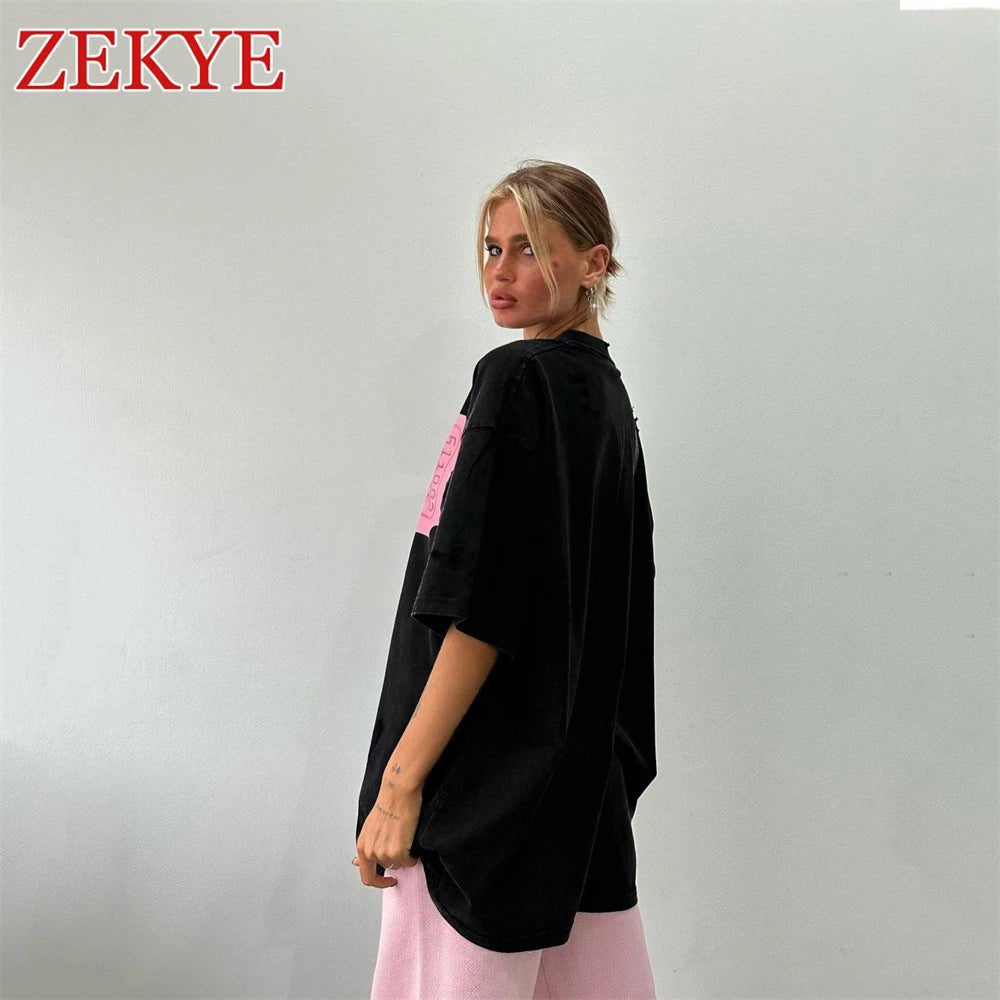 Zekye Hole Design Vintage Loose Streetwear T - shirts Retro Chic Basic Long Top Women Fashion Aesthetic Black Tee Women 90S Casual - Lucien Store