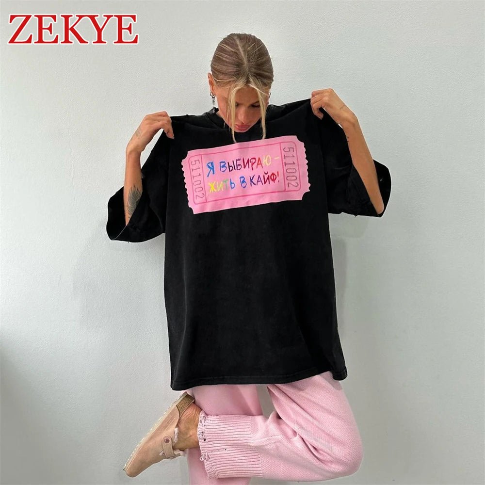Zekye Hole Design Vintage Loose Streetwear T - shirts Retro Chic Basic Long Top Women Fashion Aesthetic Black Tee Women 90S Casual - Lucien Store