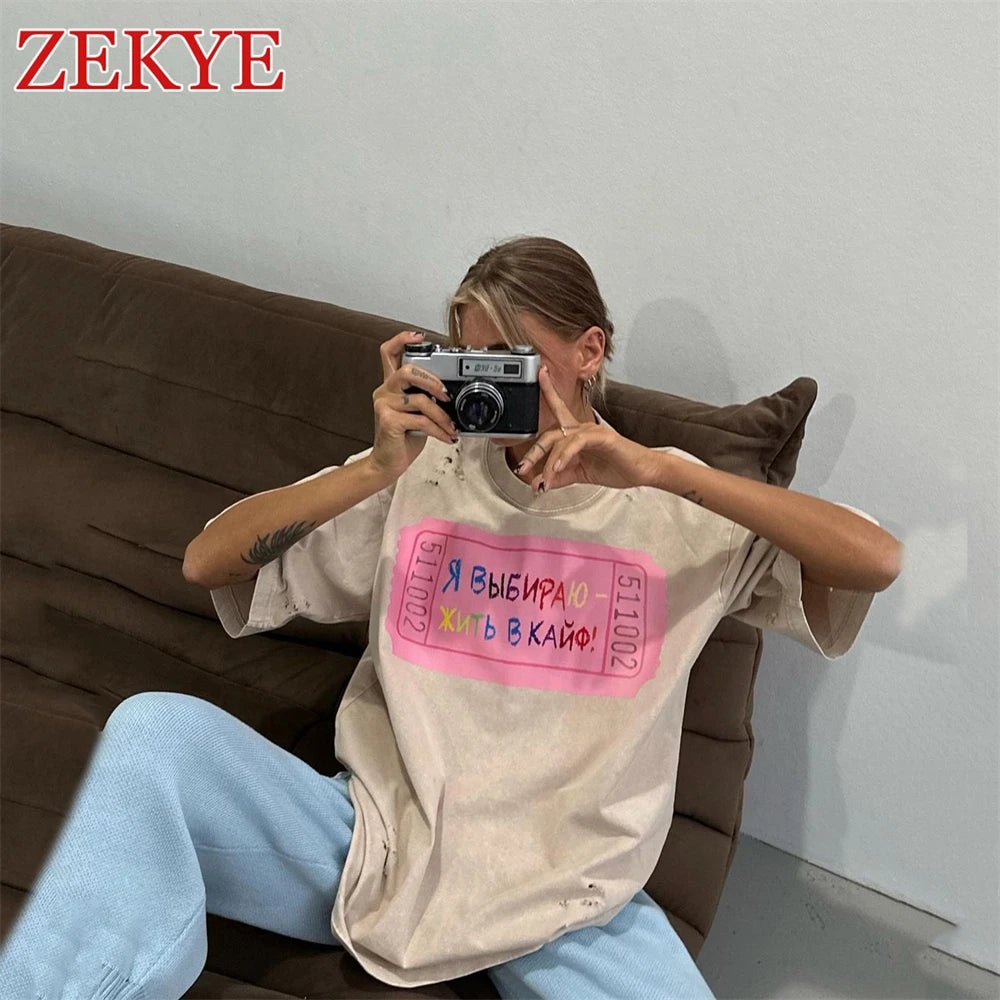 Zekye Hole Design Vintage Loose Streetwear T - shirts Retro Chic Basic Long Top Women Fashion Aesthetic Black Tee Women 90S Casual - Lucien Store