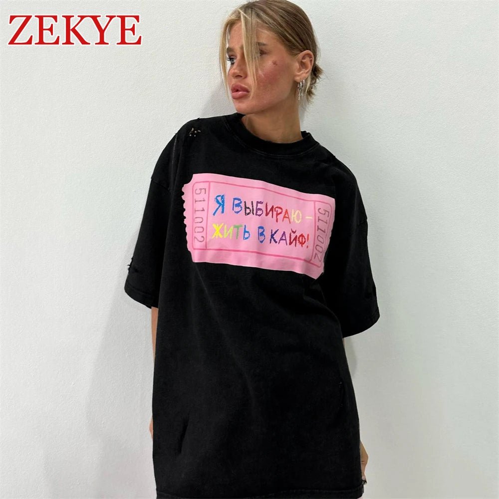 Zekye Hole Design Vintage Loose Streetwear T - shirts Retro Chic Basic Long Top Women Fashion Aesthetic Black Tee Women 90S Casual - Lucien Store