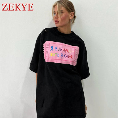 Zekye Hole Design Vintage Loose Streetwear T - shirts Retro Chic Basic Long Top Women Fashion Aesthetic Black Tee Women 90S Casual - Lucien Store
