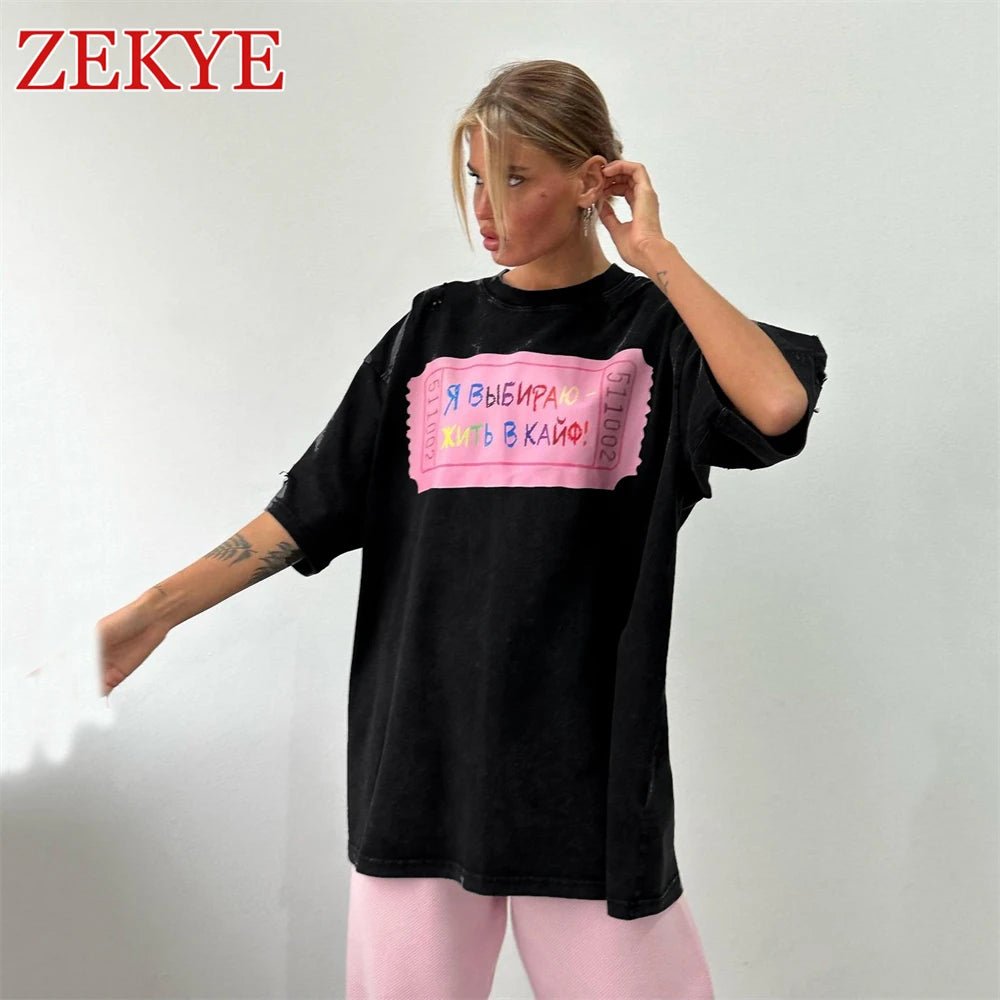 Zekye Hole Design Vintage Loose Streetwear T - shirts Retro Chic Basic Long Top Women Fashion Aesthetic Black Tee Women 90S Casual - Lucien Store