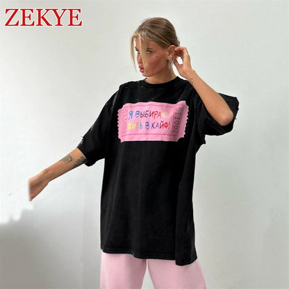 Zekye Hole Design Vintage Loose Streetwear T - shirts Retro Chic Basic Long Top Women Fashion Aesthetic Black Tee Women 90S Casual - Lucien Store